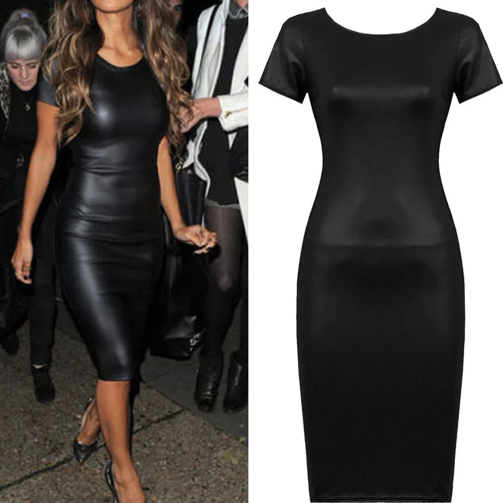 

2018 Women Short Sleeve Wet Look Faux Leather Bodycon Midi Sheath Sexy Skinny Dresss