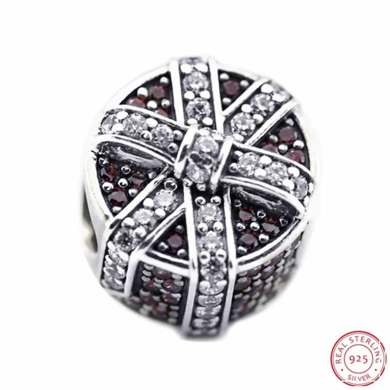 Популярные стерлингового серебра 925 Красный и прозрачный CZ украшенный бант мерцающий подарок талисман из бусин ручной работы Fit PANDORA Подвески для женщин ювелирные изделия FL474