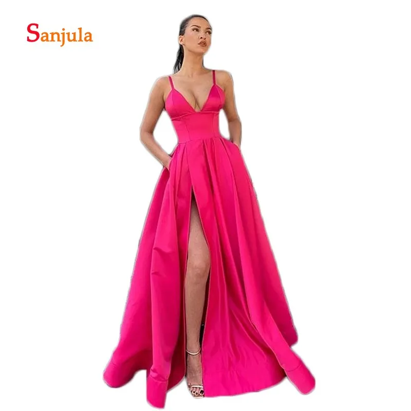 

High Leg Slit Sexy Evening Gowns for Women V Neck Spaghetti Straps A-Line Long Evening Dresses with Pockets robe de soiree D1021