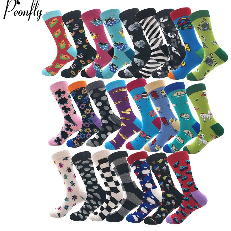 

PEONFLY 1 pair men socks combed cotton cartoon animal bird shark geometry sea food geometric novelty funny socks
