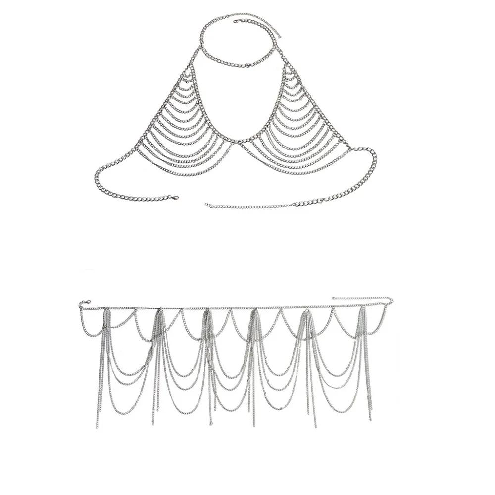 Очаровательное женское платье с металлической сеткой, цепочка для тела, ожерелье с кольцом, портупея цепь, бюстгальтер, модное женское платье, одежда для тела, ювелирные изделия
