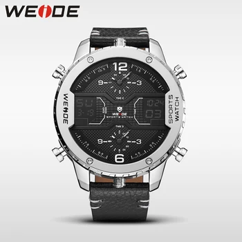 

WEIDE genuine leather strap luxury brand model quartz men sports watches LED Double display waterproof digital alarm black clock