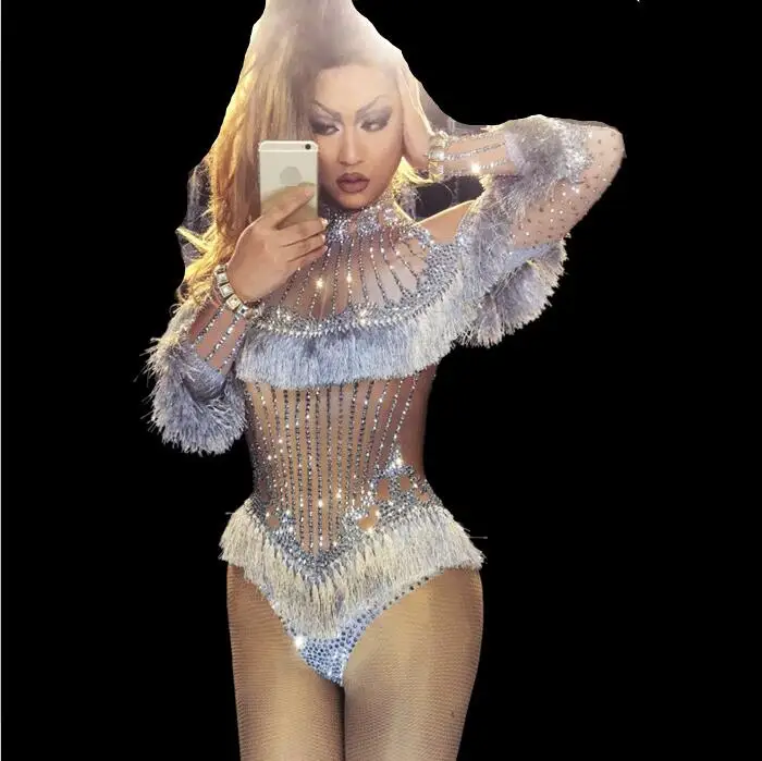 Diamantes de Prata Sparkly Cristais Tassel Celebrar Strass Aniversário Outfit Traje Collant Desgaste Desempenho Bodysuit Cut