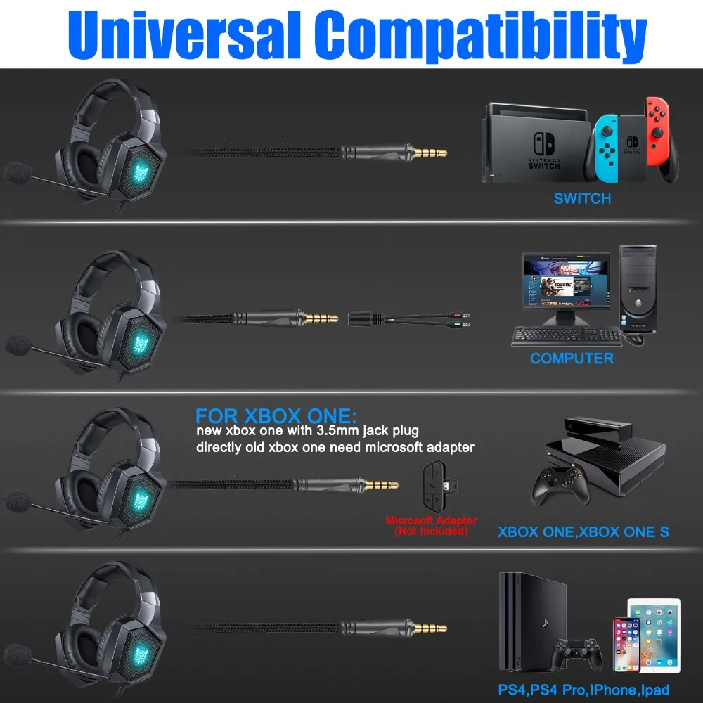 ONIKUMA K8 Gaming Headset PS4 наушники для геймеров ПК стерео с микрофоном светодиодный свет