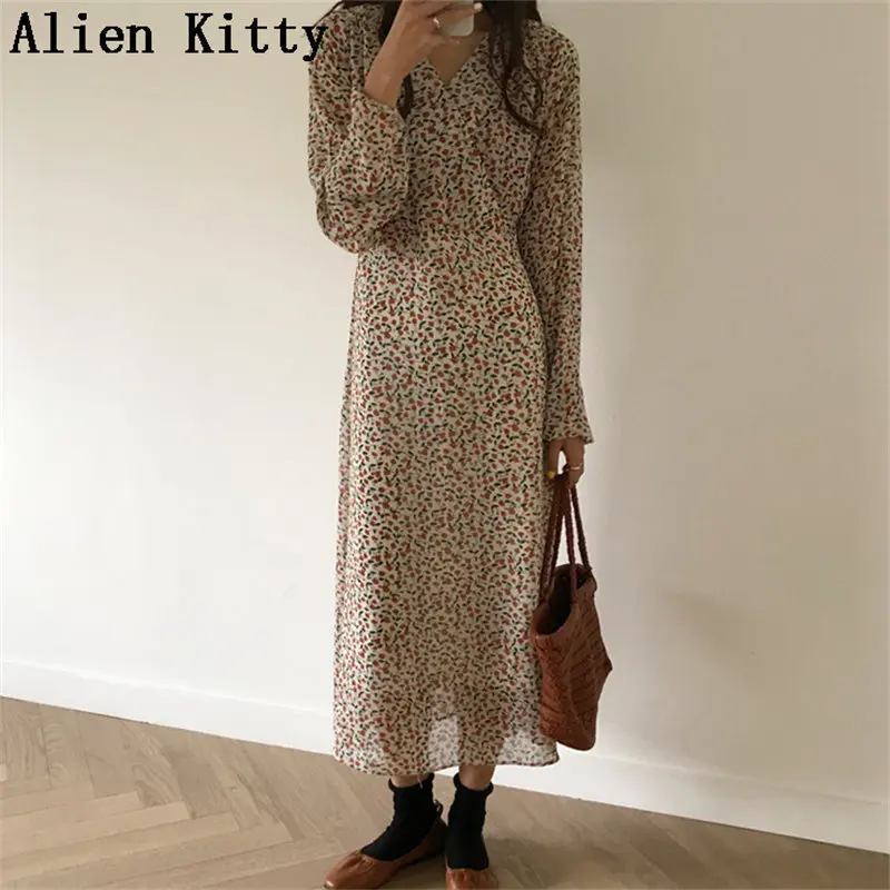 

Alien Kitty Summer Sweet Simple Pink Print Floral Casual Waist-Controlled Loose Long Sleeves Women All-Match Ankle Length Dress