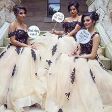Black Lace Appliques Bridesmaid Dresses Long 2016 Champagne Off Shoulder Formal Wedding Party Dress Prom Lace-up back customized