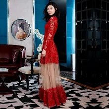 Elegant Lace Long Dress 2016 Runway Women Long Sleeve Floral Mesh gauze Sexy Perspective water-soluble Embroidered Maxi Dress