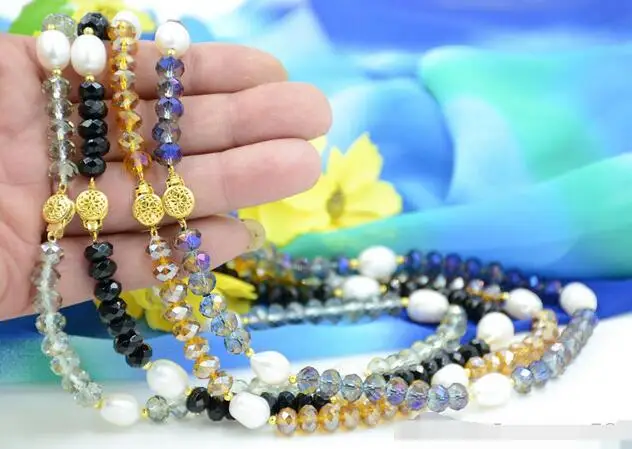 

3429 4pcs faceted bead white rice pearl necklace