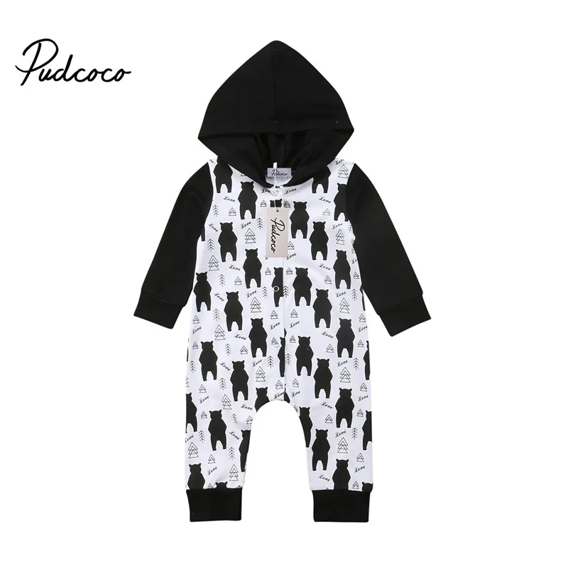 

PUDCOCO USA Toddler Newborn Baby Boy Girl Bear Hooded One Piece Jumpsuit Long Sleeve Rompers casual Cotton Clothes 0-24M