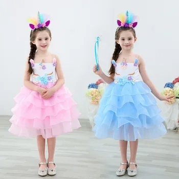 

Kids Unicorn Dress for Girls Lyayered Embroidery Fancy Ball Gown Girl Princess Dresses Unicornio Party Wedding Costumes