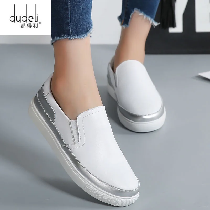

DUDELI Women's Flats Loafers Leather Shoes Woman Slip On Casual fashion moccasins white Silver ladies soft comfortable shoes
