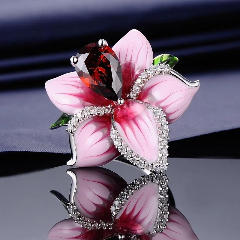 Очаровательный розовый цветок розы кольца для женщин подарок роскошные растения Цветочный дизайн красный циркон камень ювелирные изделия, обручальное кольцо Z3M156