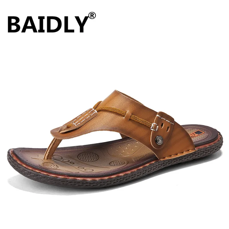 

Brand Men's Luxury Flip Flops Leather Slippers Men Summer Beach Shoes Fashion Outdoor Sandals Male Shoes