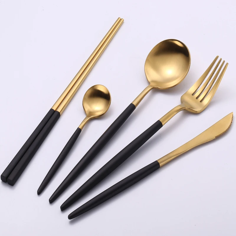 

KuBac 5PCS 18/10 Stainless Steel Dinnerware Black Gold Silverware Set Fork Knife Scoops Cutlery Set Home Tableware Black