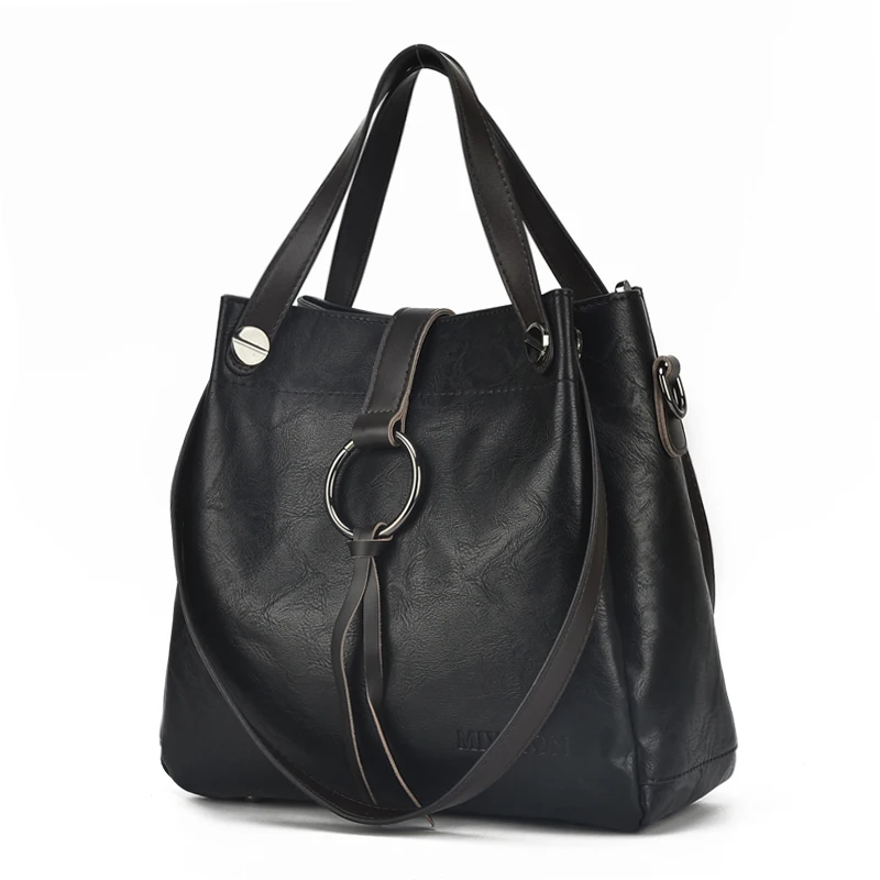 Высококачественные кожаные сумки, большая женская сумка, повседневные женские сумки, винтажные женские сумки через плечо, сумки-мессенджеры, женские сумки - Цвет: Черный