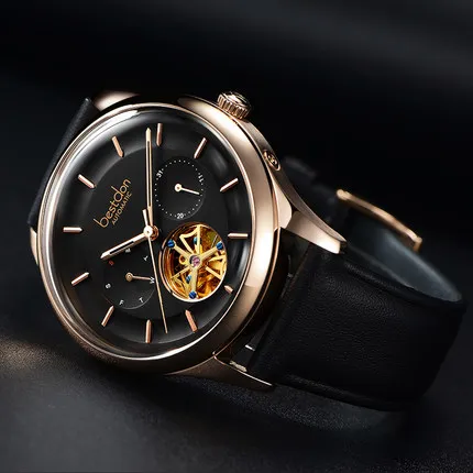 Bestdon Мужские часы автоматические механические часы турбийон спортивные часы кожаные повседневные деловые часы в ретро-стиле Relojes Hombre - Цвет: Золотой