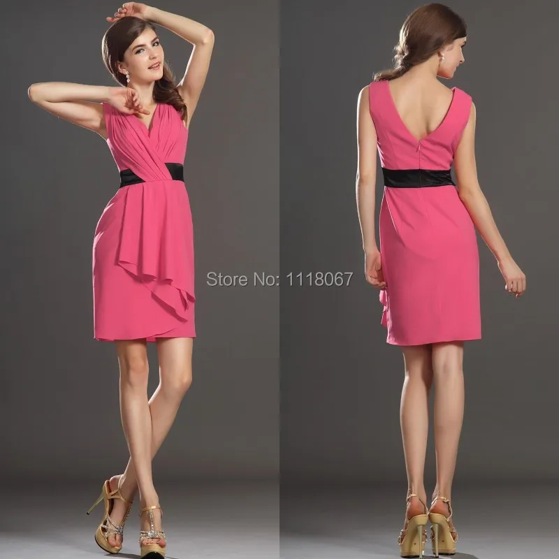 Custom Made V neck And Back Black Ribbon Belt Sheath Tight Sexy Short Pink Chiffon Prom Dress 2014 Cocktail Party | Свадьбы и
