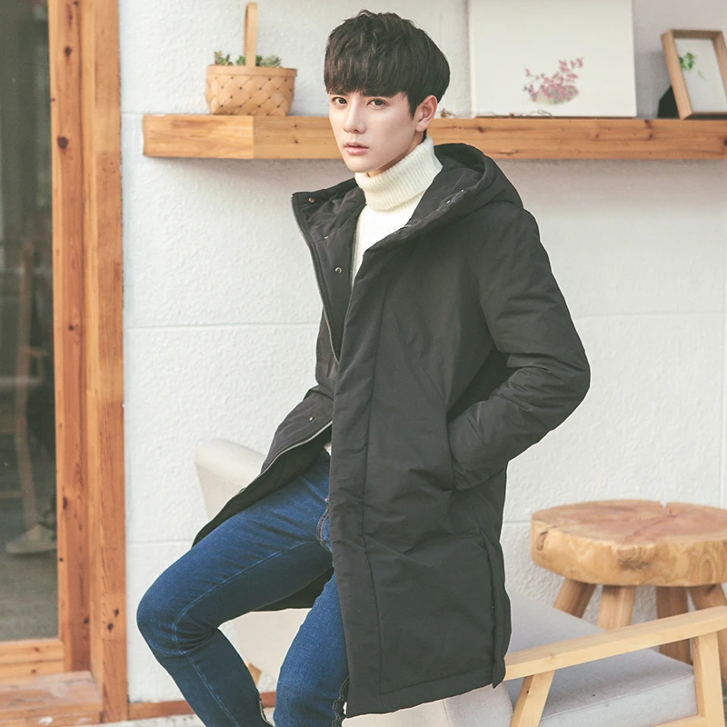 The new winter hooded long Down Jacket Mens Casual coat thickened Korean cultivating literary young male