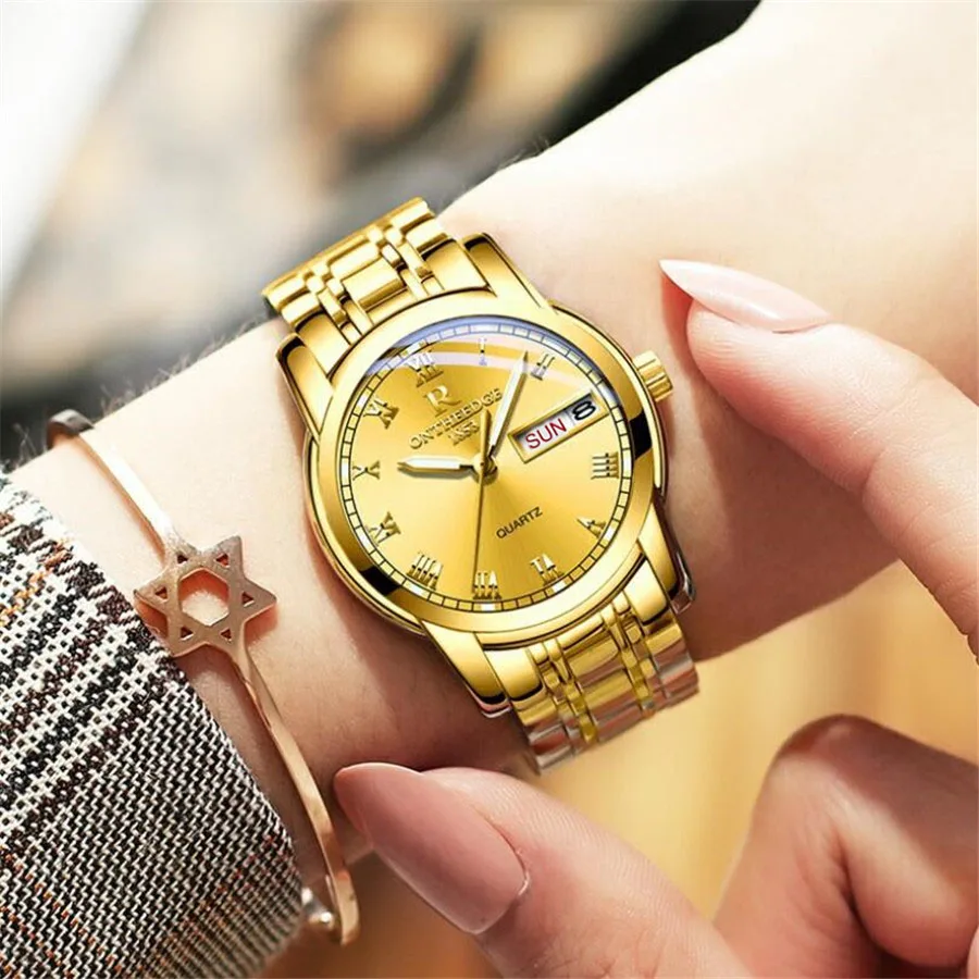 Womens gold Часы для мужчин и женщин, деловые водонепроницаемые часы с автоматической датой, серебристые стальные мужские часы, модные повседневные женские кварцевые наручные часы, Новинка - Цвет: Womens gold