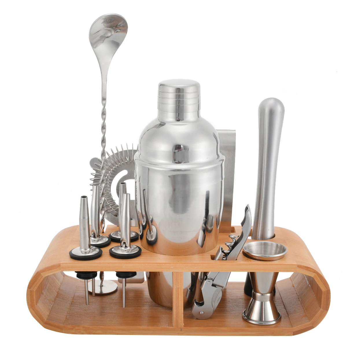 10pcs 550ml Stainless Steel Cocktail Kit Shaker Mixer Drink Bartender Martini Set with Wooden Holder Barware