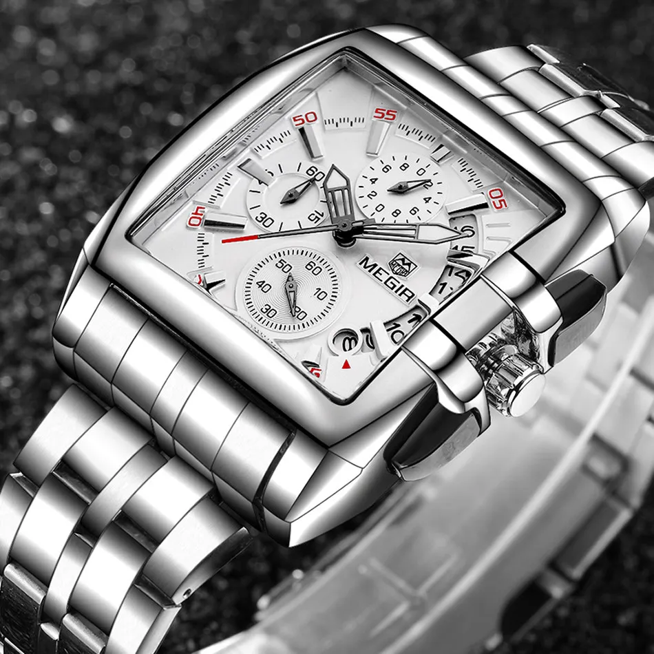 MEGIR Men Auto Date Chronograph Water Resistant Watches Luxury Brand Stainless Steel Business Quartz Military Wristwatch