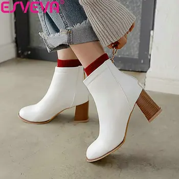 

ESVEVA 2019 Square High Heels Women Shoes Zipper PU Winter Shoes Ankle Boots Short Plush Solid Woman Round Toe Basic Boots 34-43