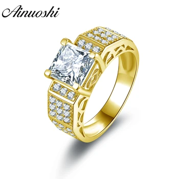 

AINUOSHI 14K Solid Yellow Gold Square Ring Geometric Vintage Band Princess Cut SONA Diamond Wedding Engagement Bague Women Ring
