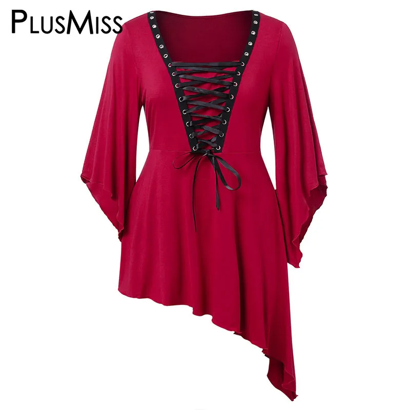 

PlusMiss Plus Size XXXXXL Vintage Boho Lace Up Tunic Tops XXXXL XXXL XXL Women Asymmetrical Red Casual Blouse Big Size Autumn