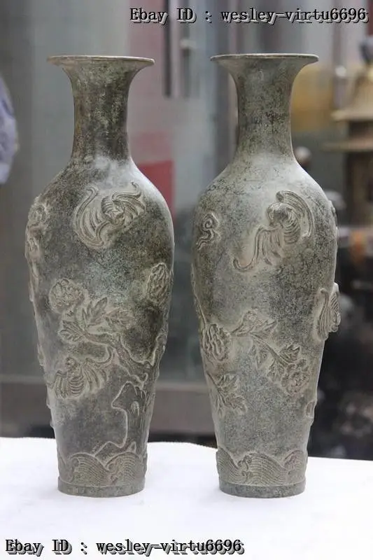 

Chinese Folklore Bronze Copper Bat Aerial Mammal Peony Flower Vase Bottle Pair