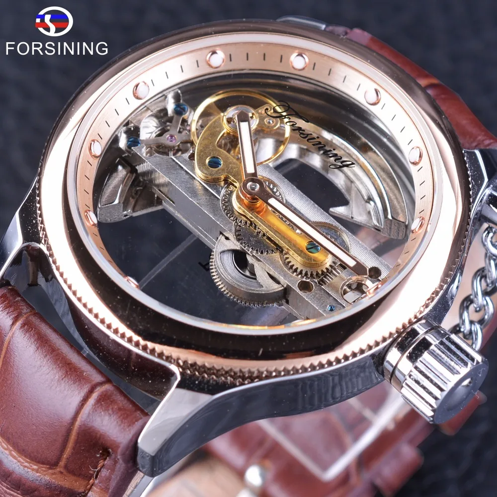 

Forsining Rose Gold Bezel Brown Belt Full Transparent Luxury Classic Retro Men Automatic Skeleton Wrist Watch Top Brand Luxury