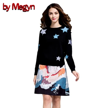 

by Megyn 2 Piece Women Set Casual Suits Wool sweater Tops + Floral Print Knee Length Skirt Women Bodycon Dress Twinset