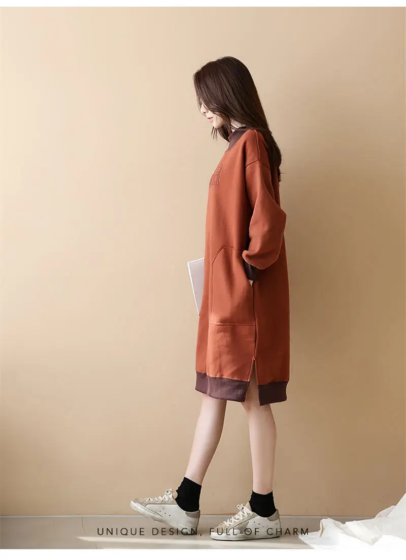 Для женщин кофты 2018 осень-зима новый корейский шею Свободные Большой Размеры письмо с длинным плюс бархатная толстовка с капюшоном платье