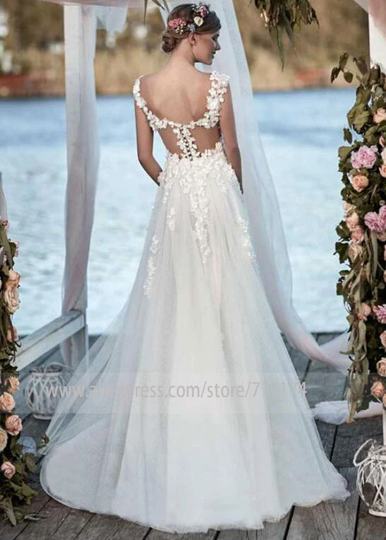 Junoesque Tulle V-neck A-line Wedding Dresses with Beaded Handmade Flowers Applique Illusion Back Bridal Dress vestido de novia