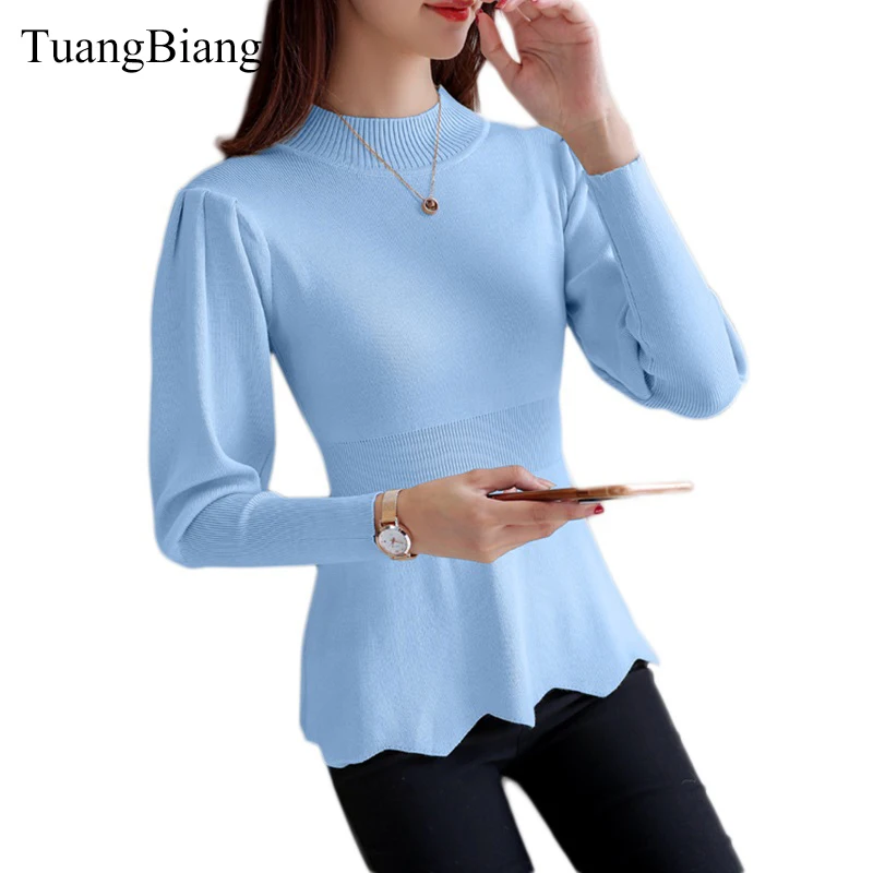 2018 New Winter Long Sleeve Pullovers Sweater Slim Women's Half-High Collar Fluffy Sleeves Sweaters Blouse Ladies Blue jumpers