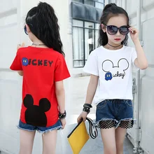 Magazine Style Summer Kids Girls Back Cartoon Pattern Casual Cute Short Sleeve White&Red T-shirt&Tee Kids Girls 100% Cotton Tops