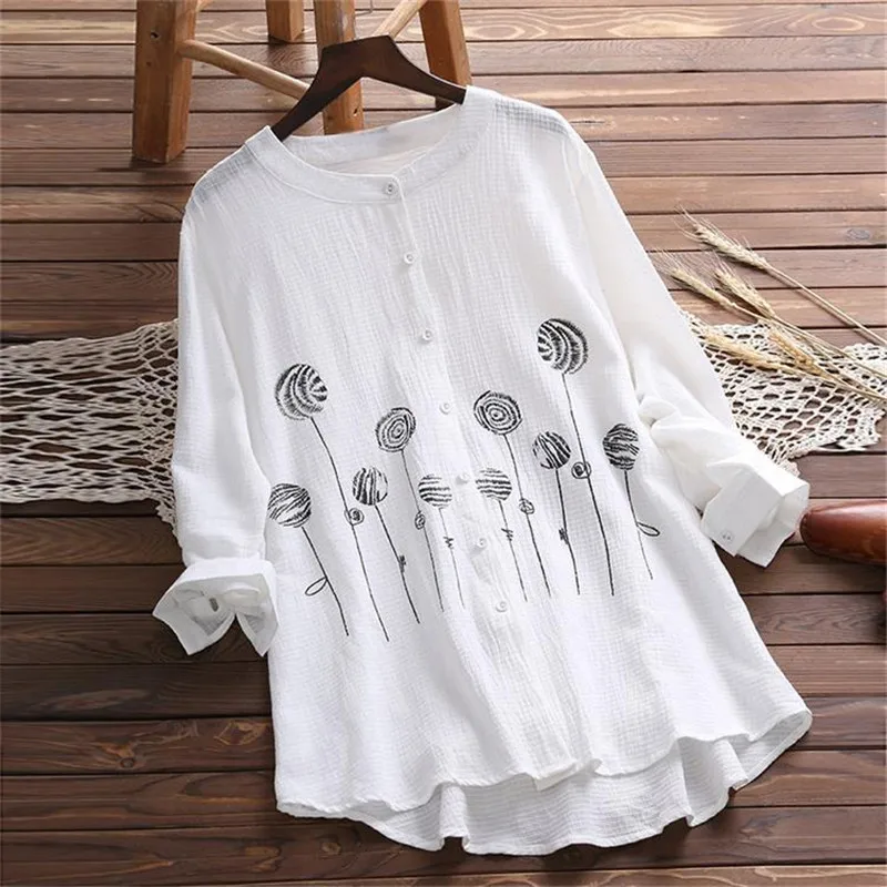 

Fashion Women's Cotton Long-sleeved Casual Shirt Round Neck Printing Button Buckle Curved Hem Long Shirt Plus Sizes XL-5XL