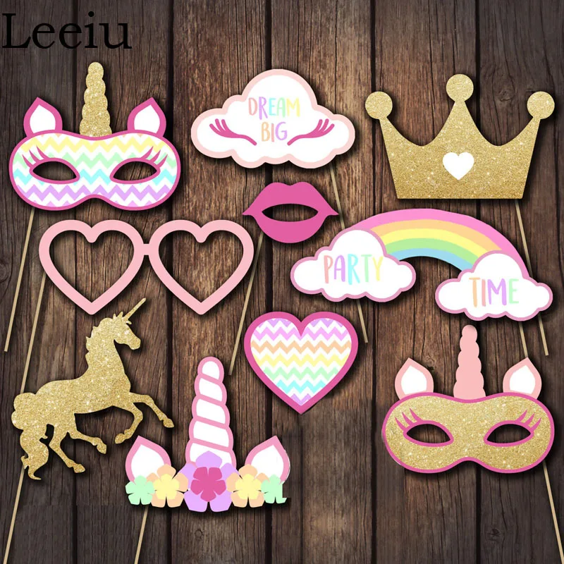 

Leeiu 10 Pcs/Set DIY Glitter Paper Rainbow Unicorn Photo Booth Props Unicorn Horn Photobooth Props Baby Shower Birthday Supplies