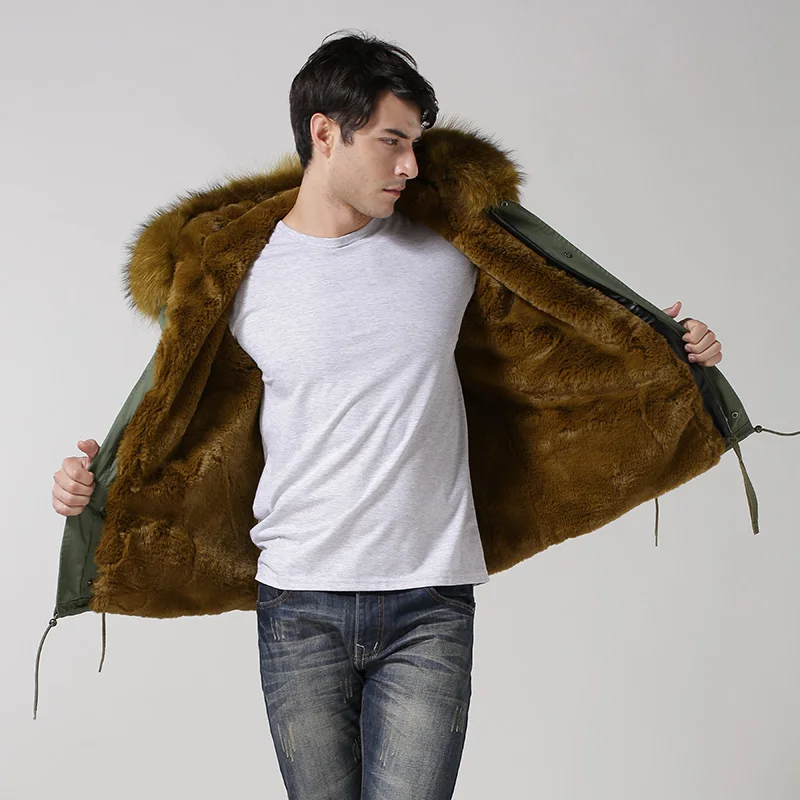 faux fur lining Male winter coat with big raccoon fur hood wholesale cheap price