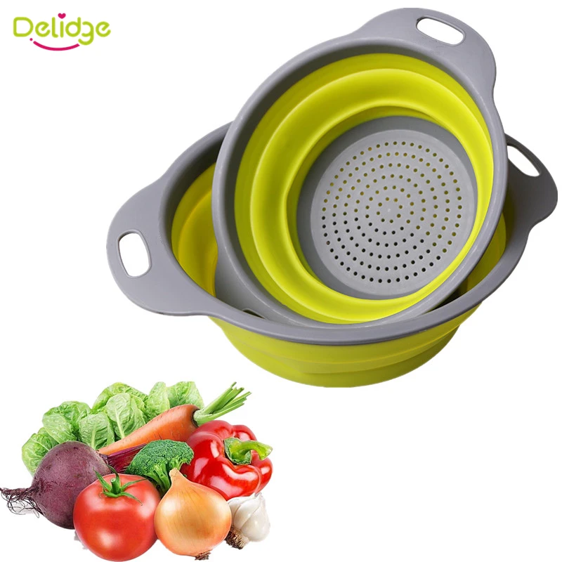 Delidge 2 pcs/set Collapsible Colander Set Silicone Vegetable & Fruits