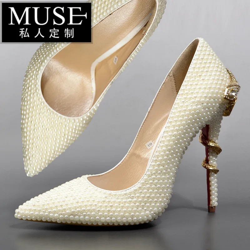 

Free Shipping 33-41 9 Size Women Pearl wedding shoes pointed toe Abnormal heeles Pumus Girls white genuine leather bridal shoes