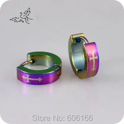 

Catholic Cross Rainbow Plated Stainless Steel Hoop Earring Fashion Religious Jewelry