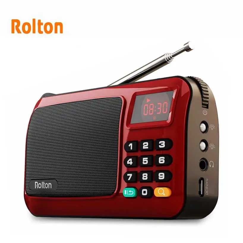 Rolton Mni FM портативный радио динамик Mp3 музыкальный плеер TF карта USB для ПК iPod Телефон с светодиодный дисплей и фонарик лампа проверки - Цвет: Red