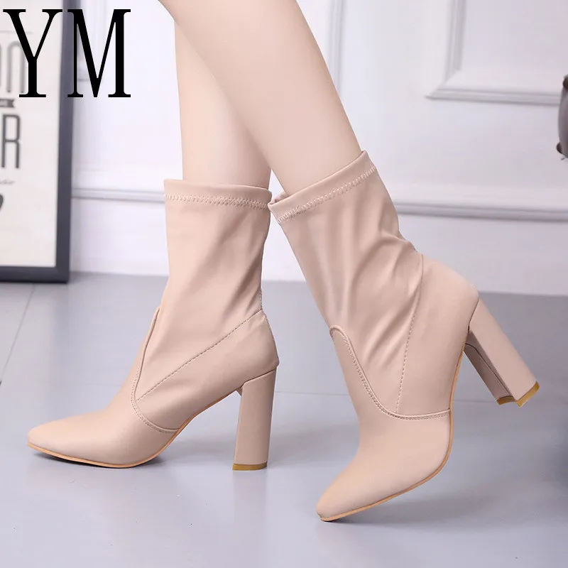 

Autum New Design Women Ankle Boots Pointed Toe Stretch Fabric Boots Sexy High Heels shoes Women Socks Boots