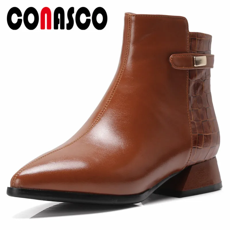 

CONASCO 2019 New Arrival Women Martin Shoes Woman Retro Genuine Leather High Heels Ankle Boots Ladies Buckles Office Pumps
