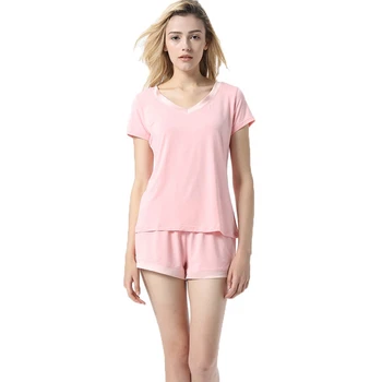 

Ladies Modal Pajamas Sets Summer V-Neck Short-Sleeve Shorts Loose Home Service Contrast Color Stitching Pajamas Suit