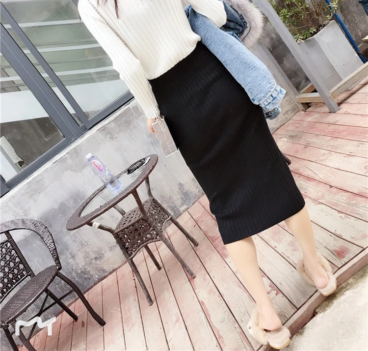 Autumn Winter Knitted Skirt Women Sexy Club Split Skirt High Waist Skirt Wild Long Black Knitted Fashion Casual Skirt Women