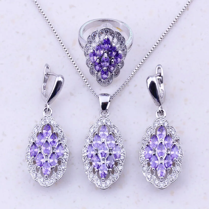 Glamorous Purple Crystal Cubic Zircon 925 Sterling Silver Jewelry Sets For Women Wedding Party Fashion J0029 | Украшения и