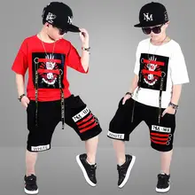 Костюм из 2 предметов комплекты одежды для мальчиков-Подростков Спортивные костюмы для танцев в стиле хип-хоп, хлопковая футболка+ шорты Летняя одежда для мальчиков