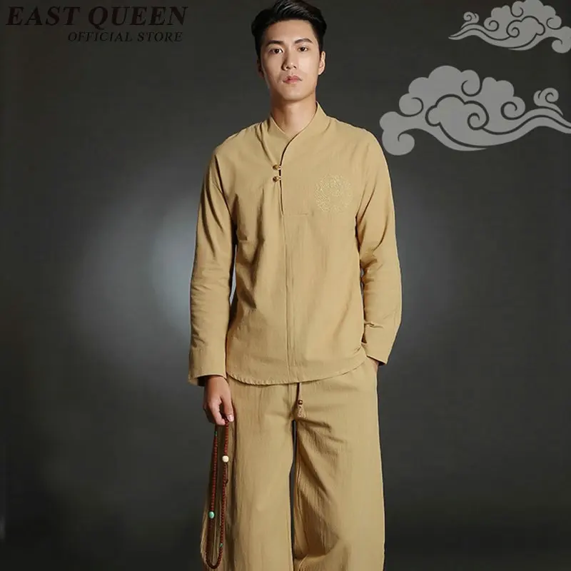 Новое поступление льняные костюмы мужские костюмы Китайская традиционная мужская одежда сплошной цвет с длинным рукавом мужские костюмы KK560 Q - Цвет: 2