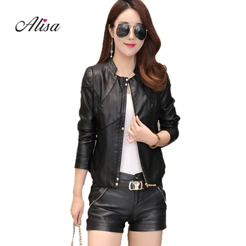 

Ladies' Leather Jackets 2018 New Spring Autumn Long Sleeve O-neck Pathcwork Pu Moto Jacket Female Casual Black Zipper Leather